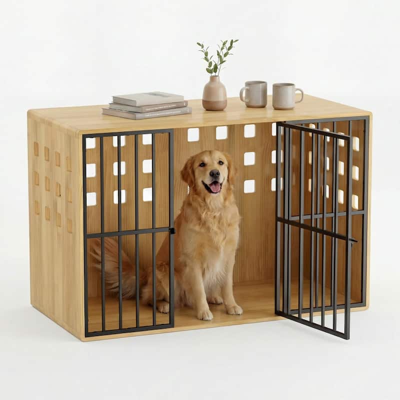47.2" Wooden Dog Crate Furniture, Large Indoor Dog Kennel with Metal Doors, Solid Pine Wood Pet Crate End Table for Large Dogs