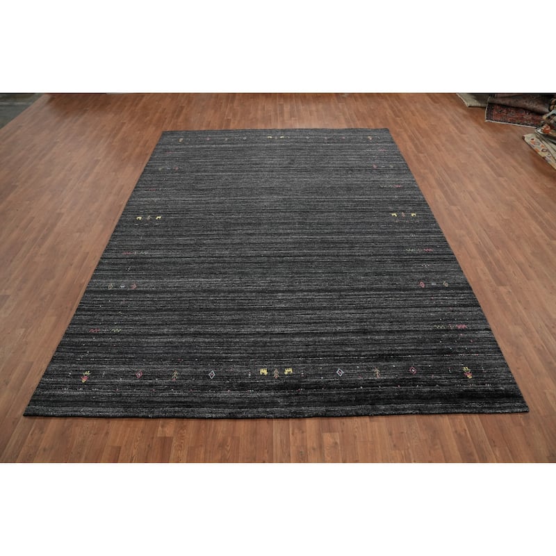 Hand Knotted Oriental Viscose Silk Carpet Tribal Animal Pictorial Greys & Charcoal Gabbeh Area Rug - 11' 7'' X 8' 10''