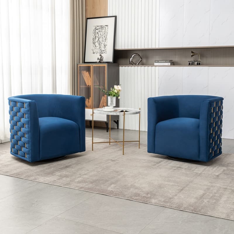 Modern Glam Velvet Upholstered 360 Degree Swivel Barrel Chair Set of 2 - Navy