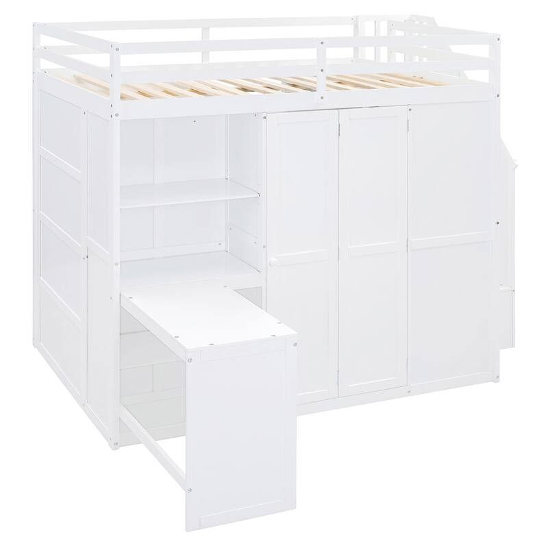 Full Size Bunk Bed with Wardrobe, Desk, and Shelves for Kids