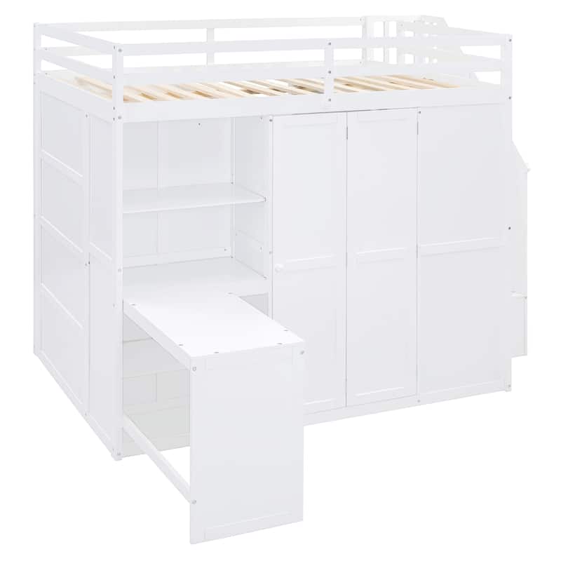 White Full Size Bunk Bed with Wardrobe, Desk and Shelves for Kids, Boys and Girls, Bedroom