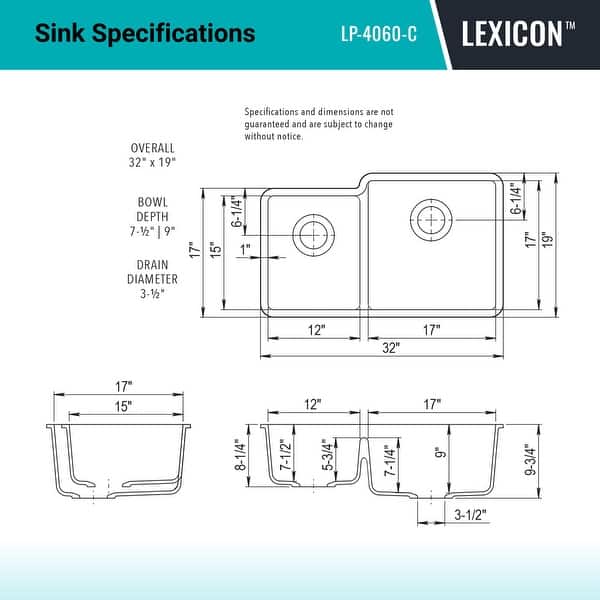 dimension image slide 3 of 6, Lexicon Platinum Quartz 40/60 Double Bowl Kitchen Sink