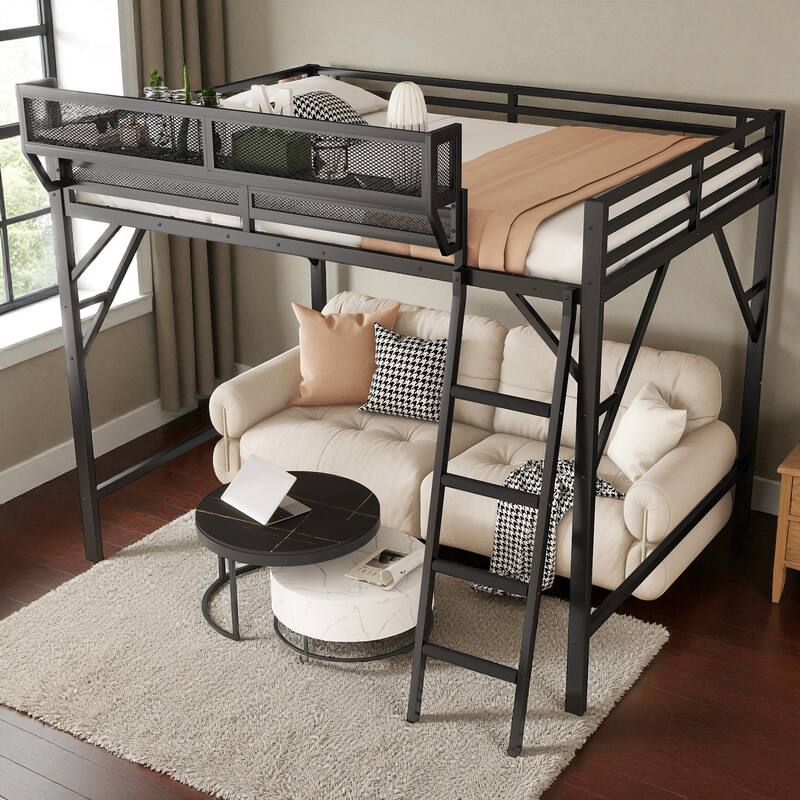 Full/Queen Size Metal Loft Bed with Storage Shelves, Guardrails, and Ladder, Space-Saving High Loft Bed for Kids and Teens