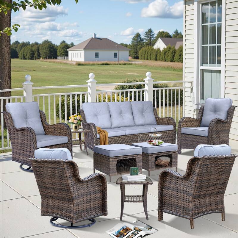9 Piece Outdoor Wicker Patio Conversation Furniture Swivel Chairs Sets
