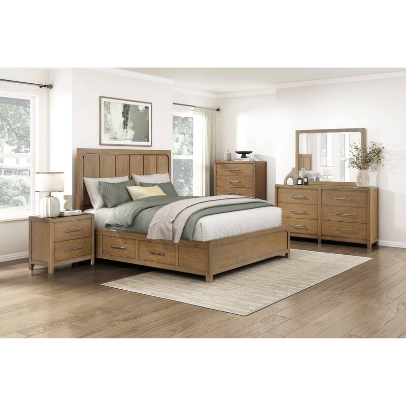 Modern Bedroom Furniture Sets Storage Bed Dresser Mirror Nightstand Chest Light Brown Finish - Eastern King - 6 Piece