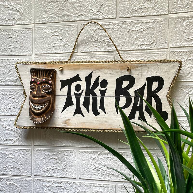 Hand Painted Rustic Tiki Bar Sign Carved Mask Rope Hanging 16X7