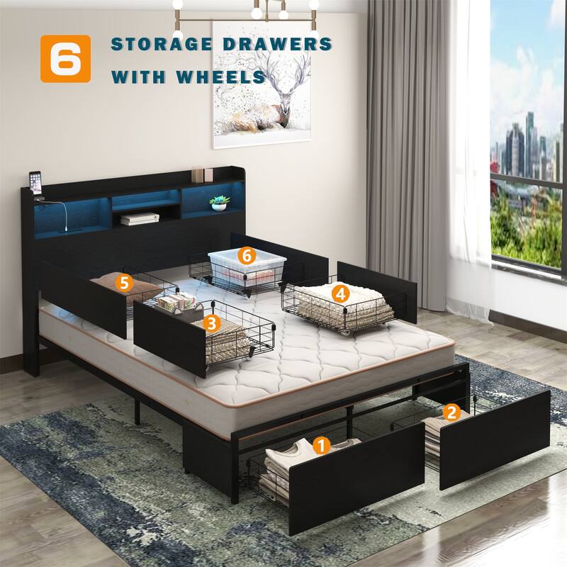 Full Storage Bed Frame with 6 Drawers, Headboard, USB Charging, and LED Lights