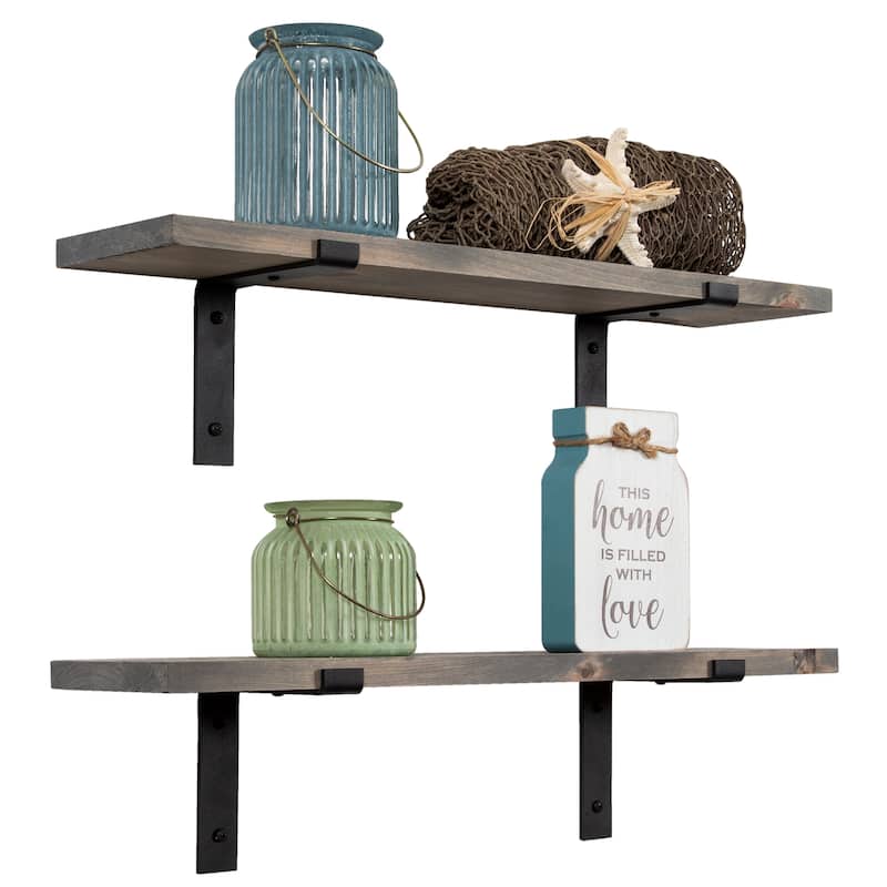 Handmade Rustic Wood Floating Shelves with L Brackets (Set of 2) - 24" x 5.5" - Grey