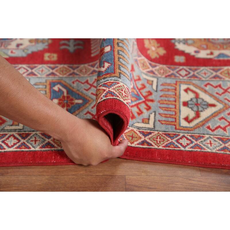 Hand Knotted Oriental 100% Wool Carpet Traditional Geometric Red Kazak Area Rug - 9' 8'' X 6' 4''