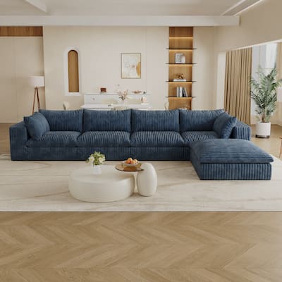 157.6" Blue Corduroy Fabric Sofa with Double - layer Design and Removable Cushions