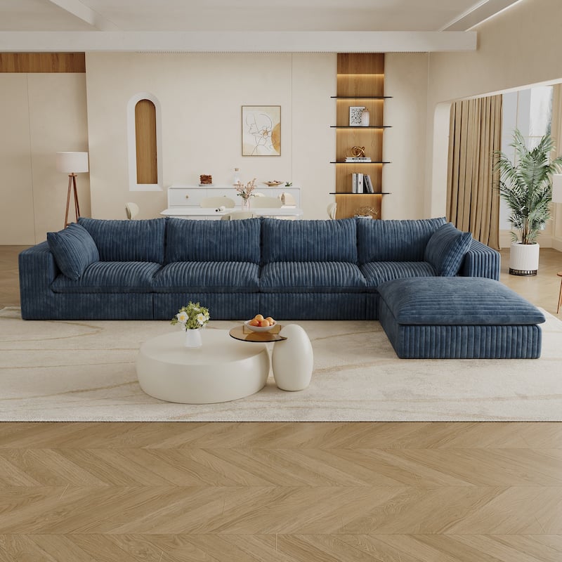 Corduroy L-shaped Sectional Sofa with Chaise Lounge, Deep Seat Modular Couch with Ottoman and Double-layer Seat Cushions - Blue