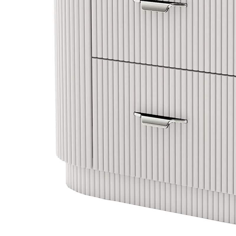 Alda Nightstand w 2 Drawers, Black Stone Top, Light Gray Wood, Silver