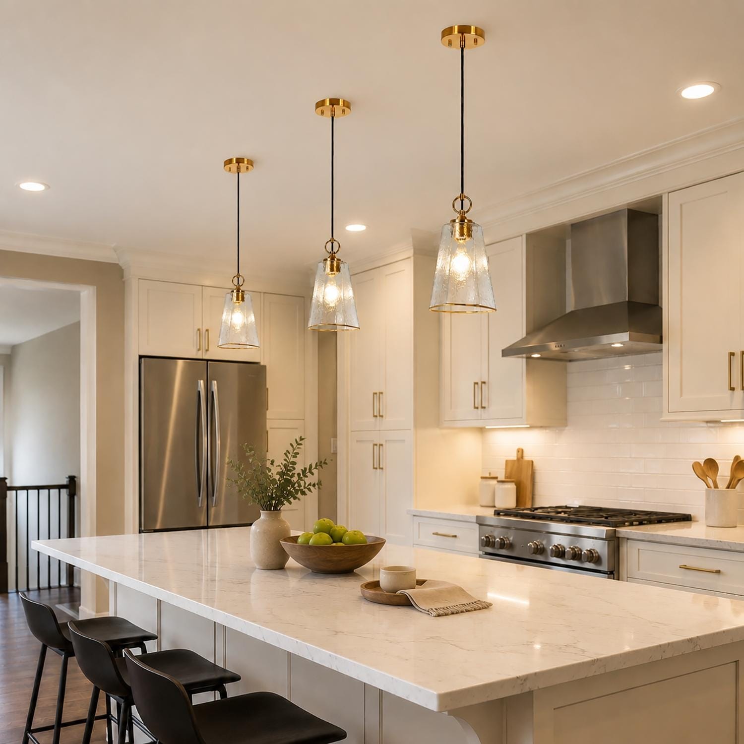 LALUZ Modern Gold 1-Light Hammered Glass Pendant Light for Kitchen Island Dining Room - D 6.7" x H 71.7"Max