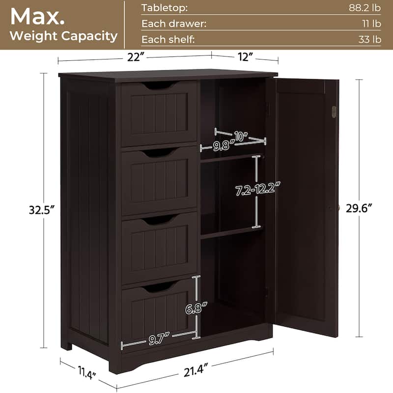 Yaheetech Floor Bathroom Cabinet Unit with 4 Drawers, Cupboard Storage for Bathroom, Livingroom