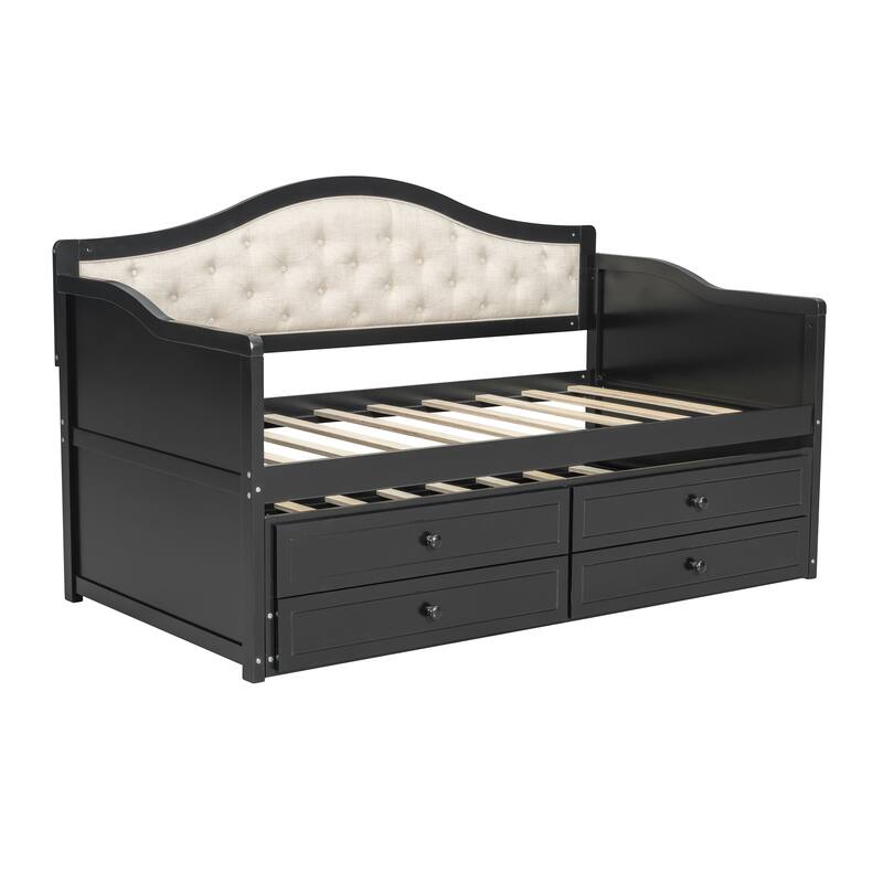 Wooden Frame Day Bed, Twin Size Daybed with Trundle Bed, Upholstered Tufted Button Backrest Sofa Bed with 2 Storage Drawers