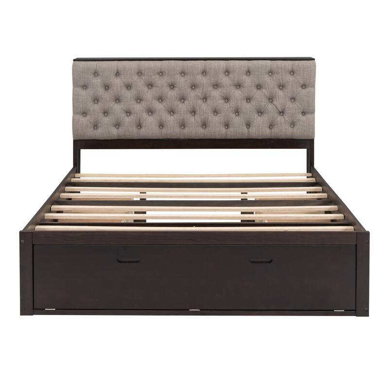 Wood Queen Size Platform Bed with Storage Headboard and Shoe Rack