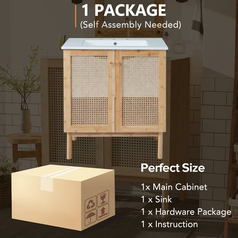 Bathroom Vanity with Handwoven Rattan Doors and Soft Close Mechanisms