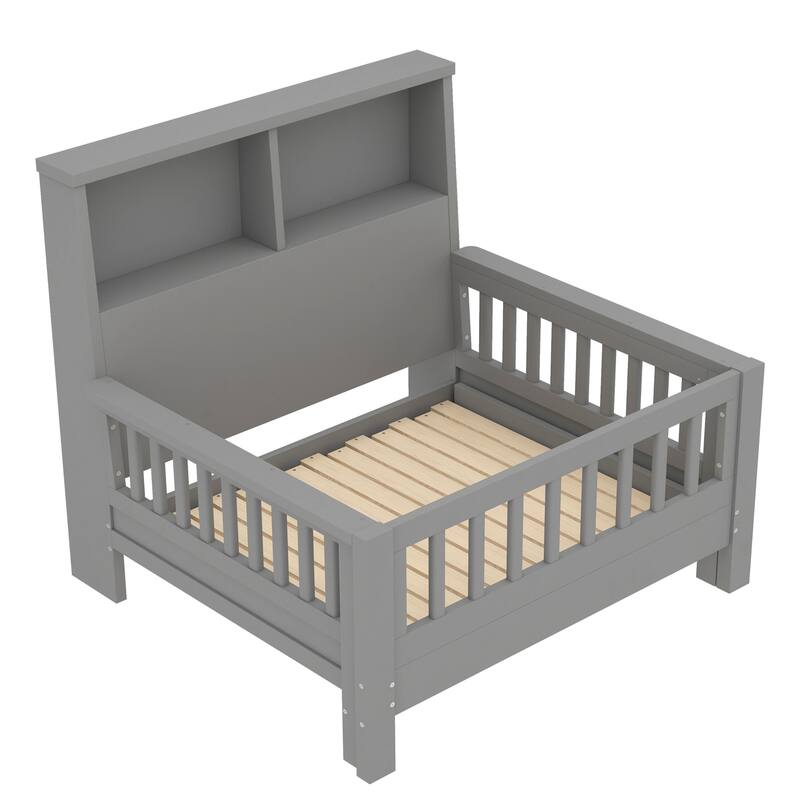 Pull Out Twin Size Platform Bed Converted into Baby Crib and Sofa with Storage Headboard and Removable Footboard