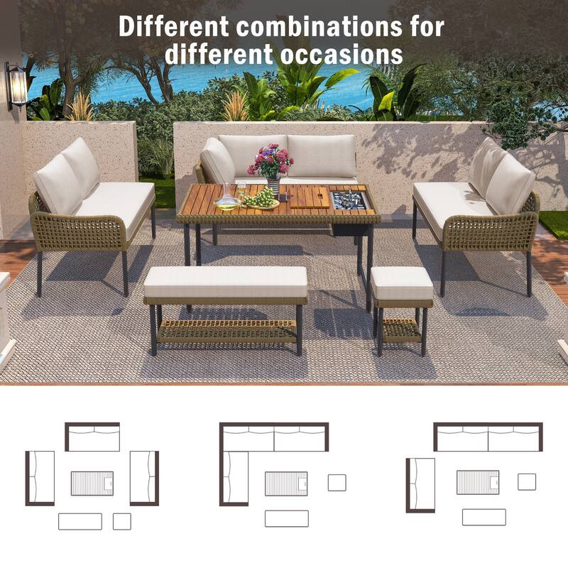 6-Piece Outdoor Sectional Sofa Set with Acacia Wood Table,Ice Box and Rope Benches