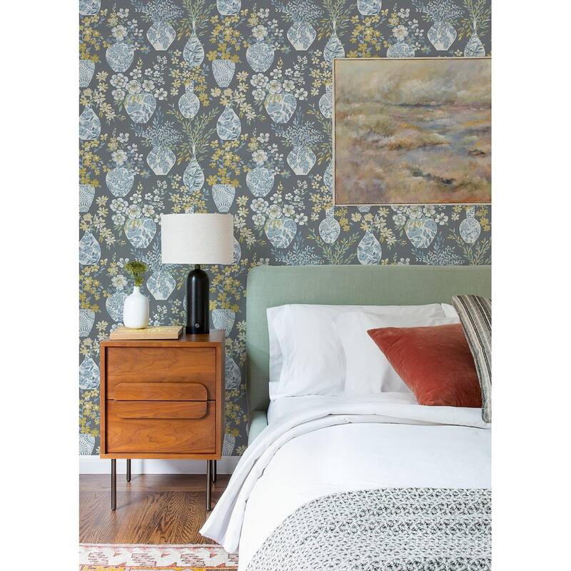 A-Street Prints Harper Grey Floral Vase Wallpaper