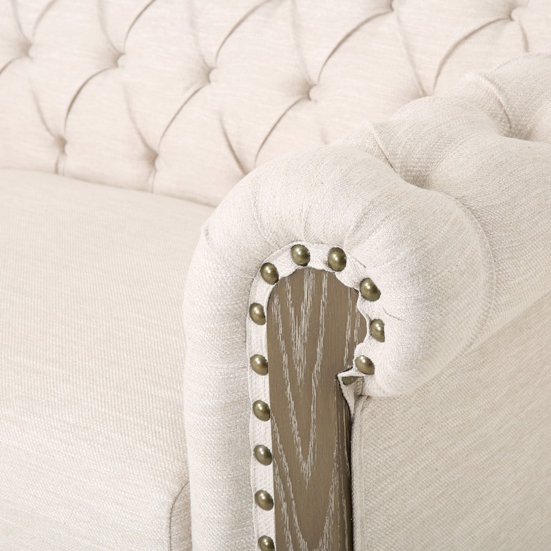 Modern 2 Seat Upholstered Arm Couch, Tufted Backrest Sofa with Nailhead Decoration and Wood Legs for Living Room