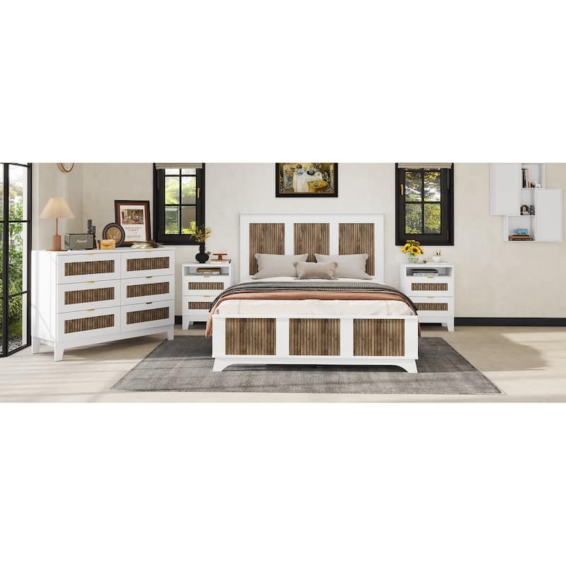 Queen-Size Wood Platform Bed Frame with Headboard - Wooden Strip Decoration and Plywood Slat Support