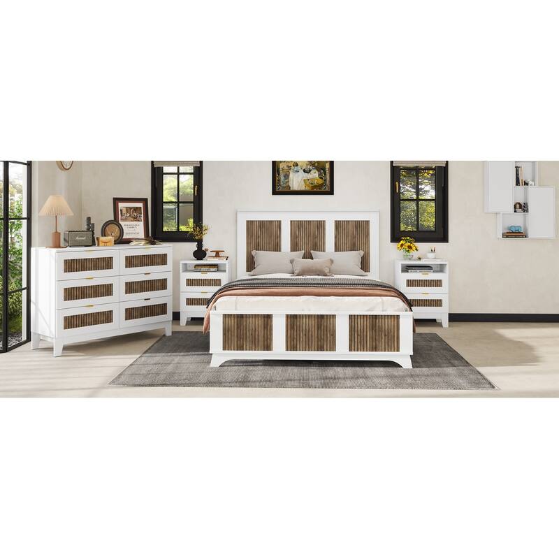 Stylish Platform Bed Slats Support Wood Bed, Rustic Farmhouse Style Bed Frame with Wooden Strip Decoration Elevated Headboard