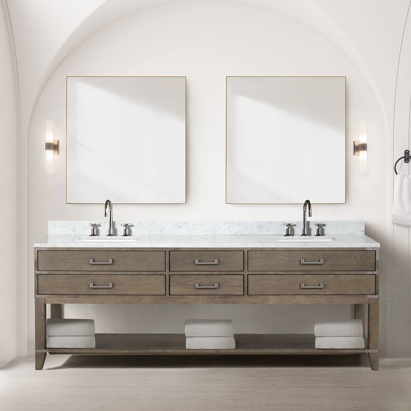 Lexora Norwalk Bath Vanity, Carrara Marble Top, and Mirror - 84 Inch - Grey Oak