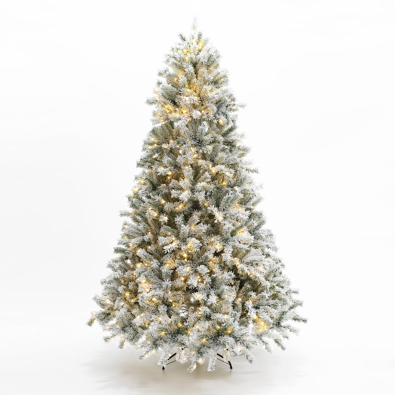7.5Ft Pre-Lit Hinged Snow Flocked Full Fir Artificial Christmas Tree with 8 Lighting Modes - 90" H x 61.8" Diameter