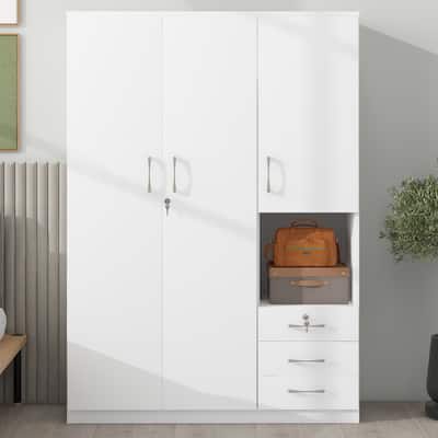 2-Doors Wooden Wardrobe with 3 Storage Drawers and Shelves