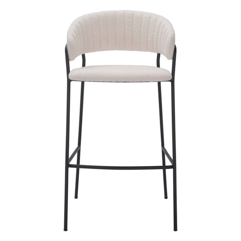 Set of Two 30" Cream and Black Shearling and Steel Low Back Bar Height Bar Chairs