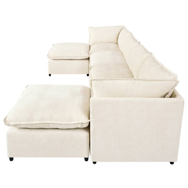 U-Shape Sectional Sofa Upholstered Couch with Removable Cushions and Solid Wood Frame, Modular Sofa 2 with Movable Ottoman