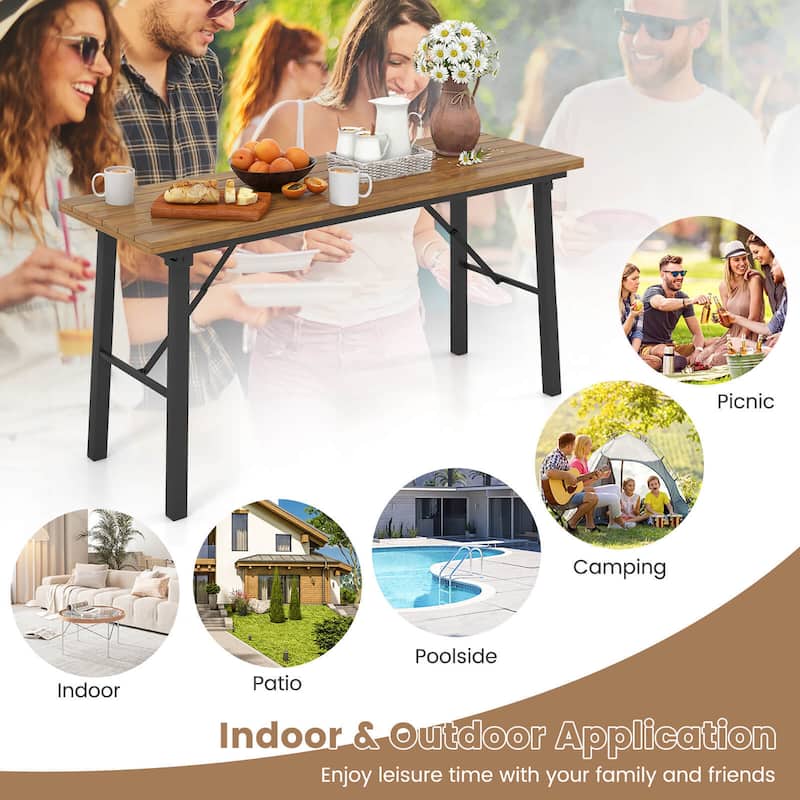 Gymax Patio Folding Picnic Table Acacia Wood Dining Table w/ Metal