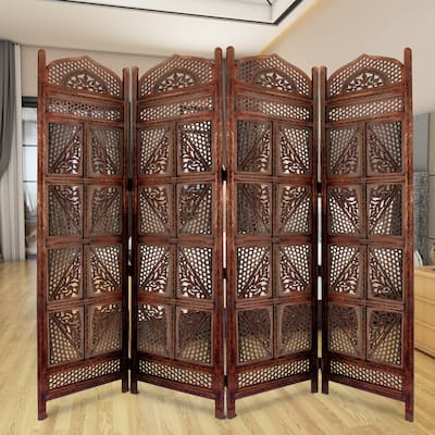 Traditional Four Panel Wooden Room Divider with Hand Carved Details, Antique Brown