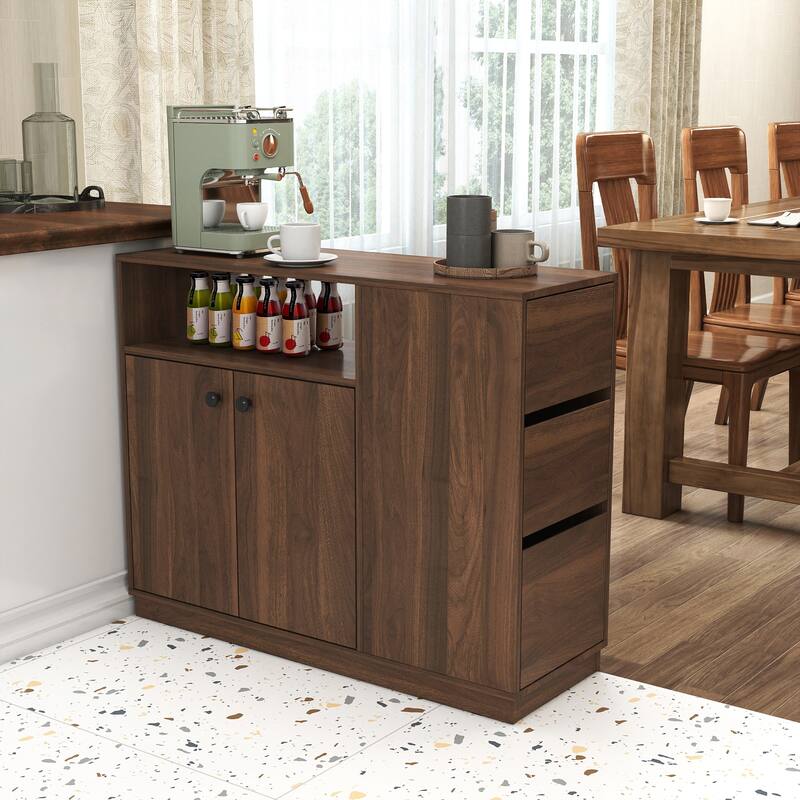 Anmytek Modern Space-Saving Kitchen Sideboard Countertop Storage Cabinet with 2 Glass Sliding Doors 3 Drawers and Display Shelf