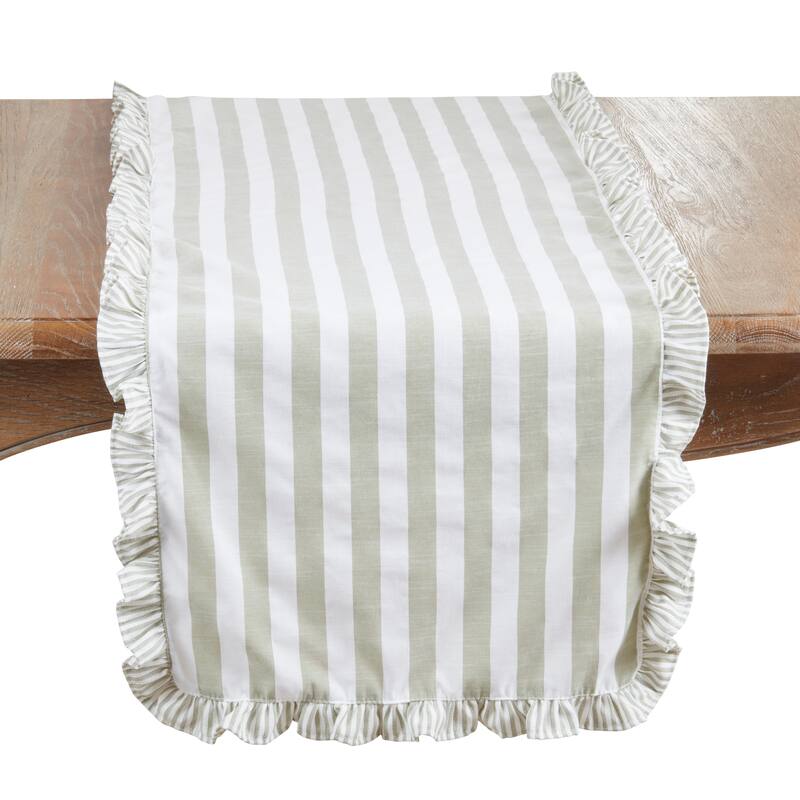 Striped Ruffle Edge Table Runner - Decorative Non-Reversible Cotton Blend Table Runner for Dining Table, 16"x72" - 16"x72" - Green