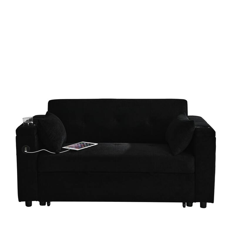 Chenille Pull-Out Sleeper Loveseat Bed Adjustable Backrest Tufted Futon Sofa with 2 Pillow and USB Ports, Pockets