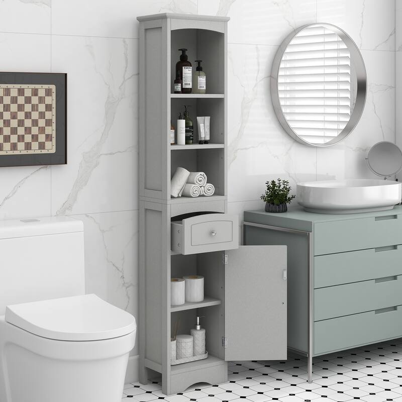 GDFStudio - Tall Bathroom Wooden Storage Cabinet, Freestanding with Drawer, Adjustable Shelf