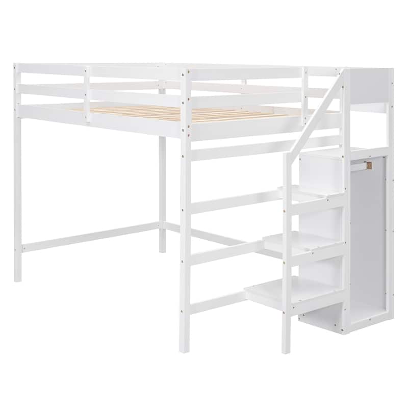 Full Size Loft Bed with Built-in Wardrobe Closet, Storage Staircase, Solid Pine Frame, Space-Saving Design