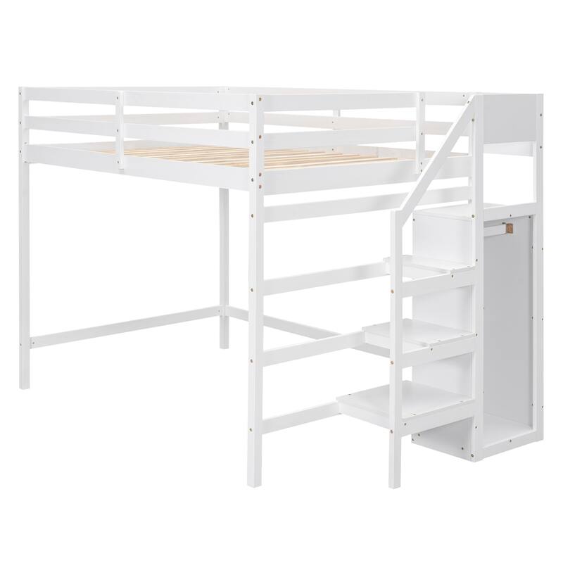 Full Size Pine Loft Bed with Storage Wardrobe & Multi-Functional Staircase (350lb Capacity)