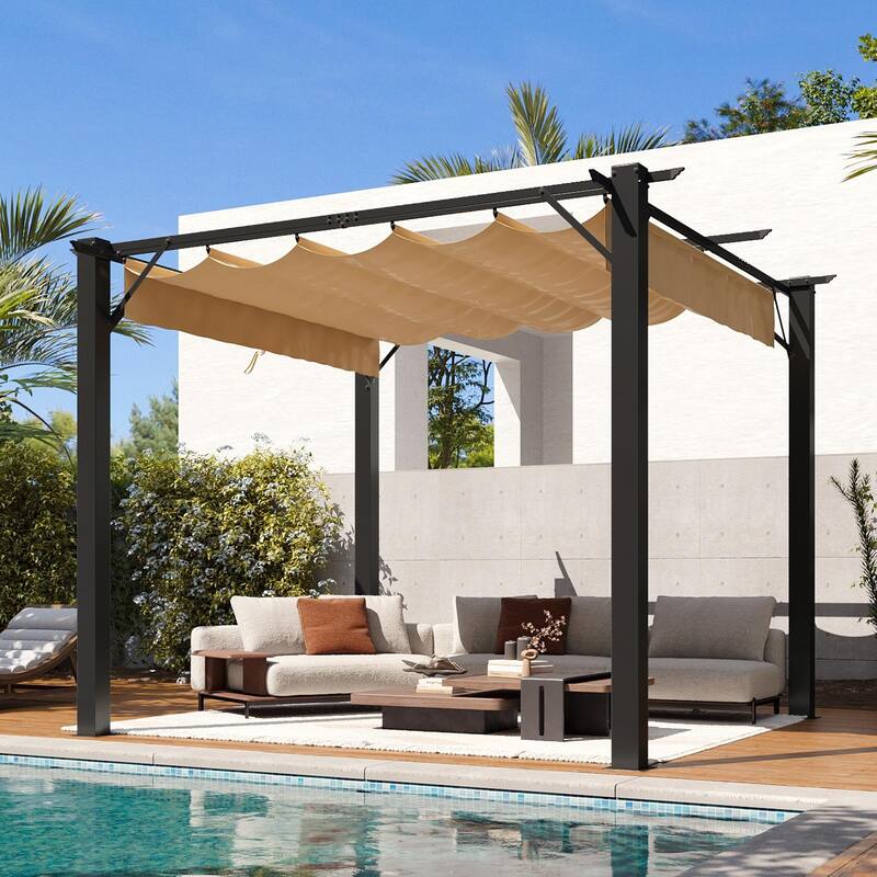 Metal Patio Pergola with Brown Sun Shade Cover for Backyard