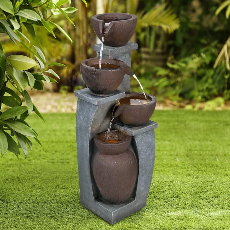 32.8''H 4-Tier Bowl Outdoor Water Fountains with LED Lights - Brown