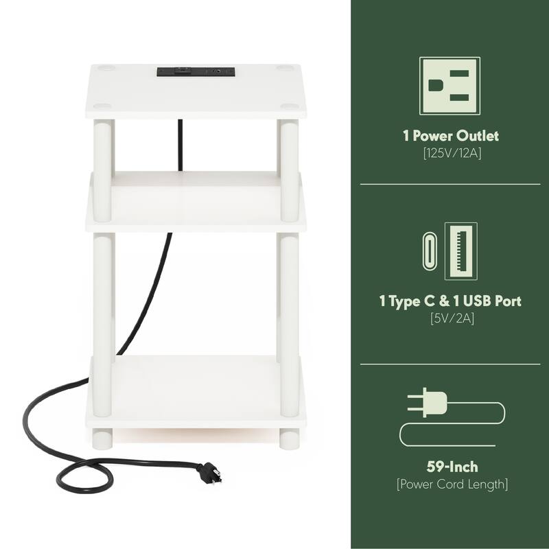 Furinno Just 3-Tier Open Storage End Table with USB and Type-C Charging Station