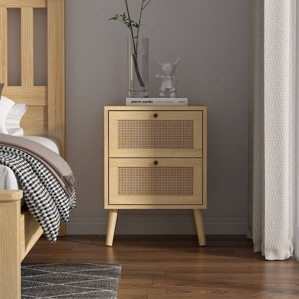 Rattan Nightstand,Bedside Table with 2 Rattan Drawers,Ratten End Table