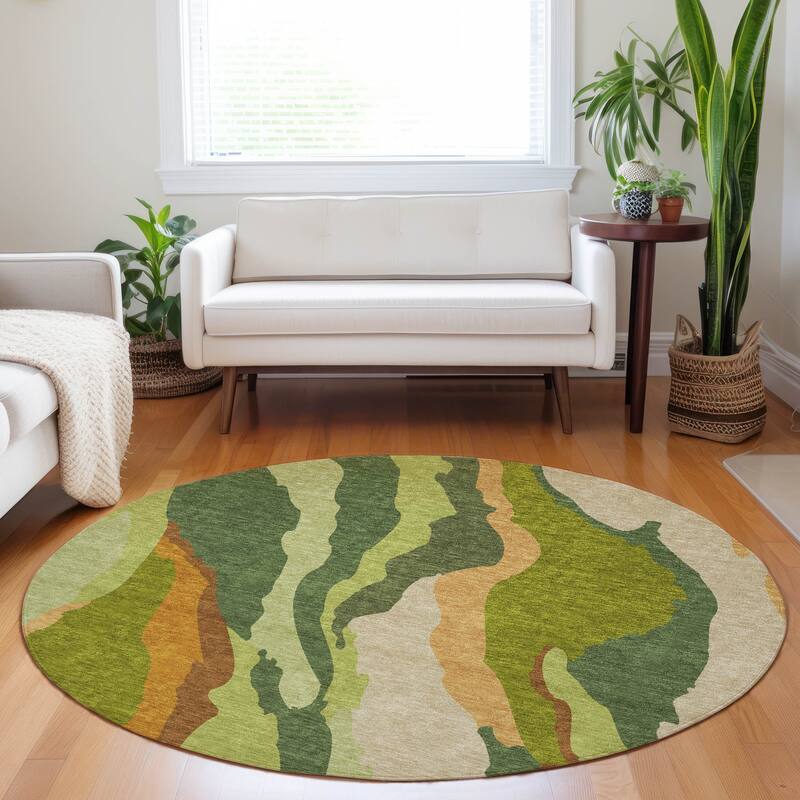 Machine Washable Indoor/ Outdoor Abstract Contemporary Chantille Rug - Green - 8' x 8'