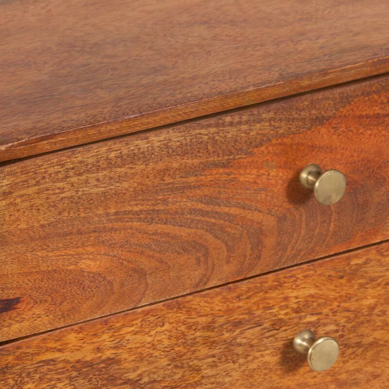 Nali Bedside Nightstand Table, 2 Drawers, Natural Brown Mango Wood, Brass Knobs