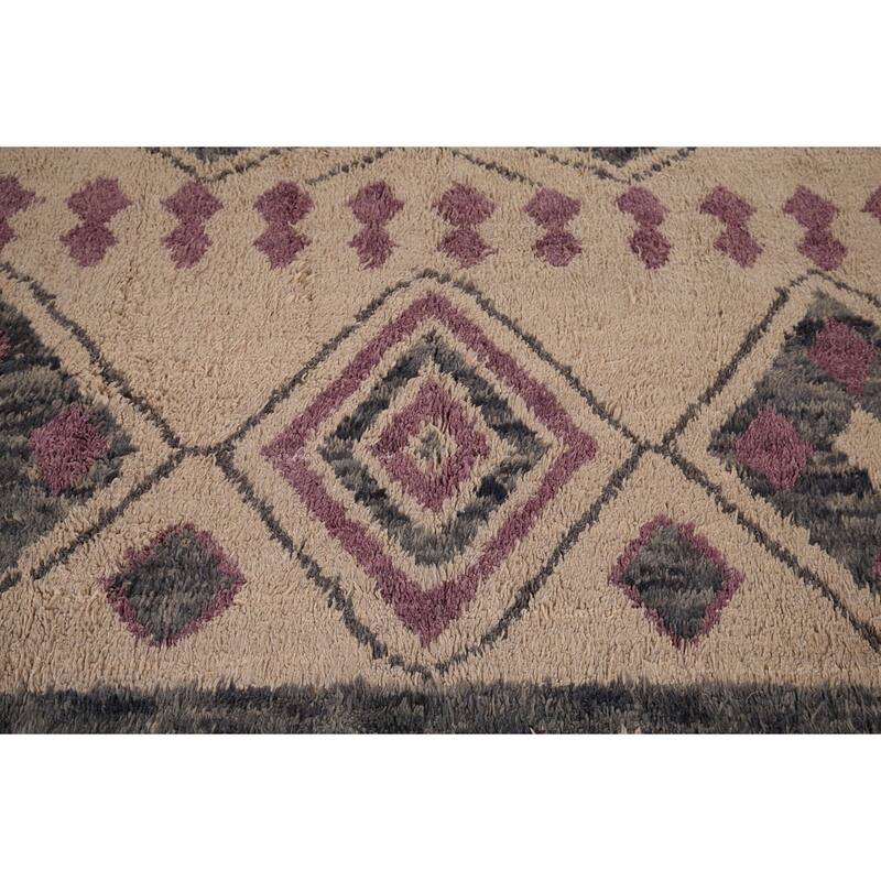 Geometric Plush Moroccan Area Rug Handmade Beige Wool Carpet - 6'9" x 10'4"
