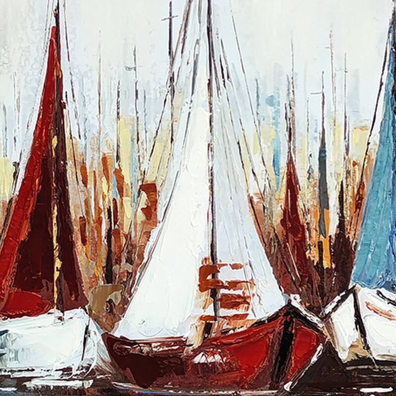 Hy 47 x 47 Hand Painted Multicolor Boats in Standing Water, Black PS Frame - White, Blue, Red, Yellow
