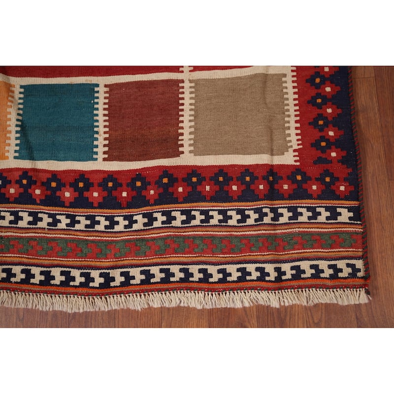 Vegetable Dye Kilim Qashqai Persian Vintage Flatweave Red Wool Carpet - 4'11"x 8'7"