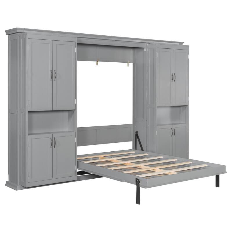 Roomfitters Full Wall Murphy Bed with Dual Sliding Storage Cabinets and Shelves Grey